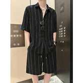 Threebooy New summer casual set for men's handsome non-iron drooping loose striped shirts fashionable simple breathable shirt men's suit