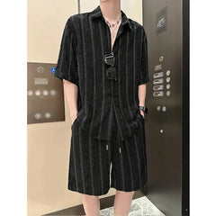 Threebooy New summer casual set for men's handsome non-iron drooping loose striped shirts fashionable simple breathable shirt men's suit