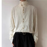 Threebooy High-end Pleated Texture Shirt Men Draped Loose Casual Top French Retro Long-sleeved Shirt Unisex Vintage Elegant Button Blouse