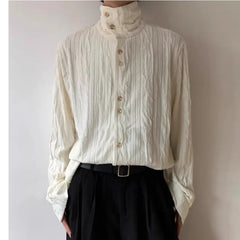 Threebooy High-end Pleated Texture Shirt Men Draped Loose Casual Top French Retro Long-sleeved Shirt Unisex Vintage Elegant Button Blouse