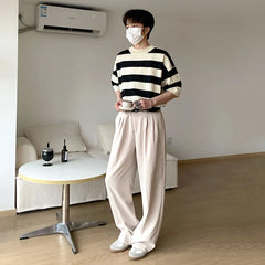 Threebooy Men's Clothing Korean Luxury Knit Texture Striped T Shirt Leisure Streetwear O Neck Short-Sleeved Fashion Popular Knitwear M-2XL