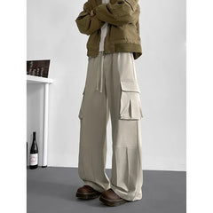 Threebooy Spring Unisex Loose Wide Leg Cargo Pants Elastic Waist Side Pocket Workwear Casual Wear Trendy Men Women Outdoor Comfort Pleats