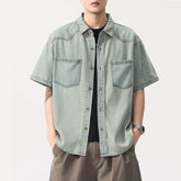 Threebooy Men Summer Lightweight Thin Fashion Loose Casual Plus Size Vintage Washed Denim Short Sleeve Jeans Cargo Shirts Cityboy Blouses