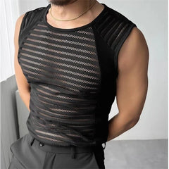 Threebooy Men's Summer Sheer Mesh Fitness Sleeveless Vest Outdoor Sports Striped Transparent Quick Dry Gym Tank Top