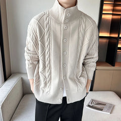 Threebooy New Korean Style Jacquard Men Cardigan Jackets Fashion Luxury Knitted Button-down Long Sleeve Sweater Coat Winter Warm Knitwear