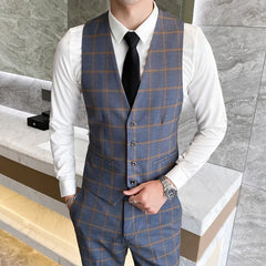Threebooy New Leisure Business Men's Suit Vest Grid Fashion Sleeveless Leisure Vest Jacket Gray Blue Large Size S-4XL