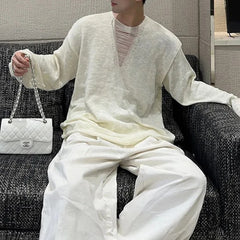 Threebooy Korean Style V-Neck Knitted Long-Sleeved Sweater Men Autumn And Winter New Fashion Trend Loose Lazy Casual Knitted Sweater Men