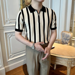 Threebooy Men's Clothing Leisure Light Luxury Knitted Polo Shirt Korean Striped Zipper Short Sleeve Retro Breathable Fashion Knitwear Tees