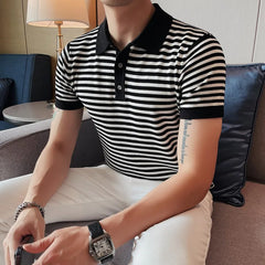 Threebooy Men's Summer Ice Silk Short Sleeves Polo Shirts/Male Slim Fit Stripe Casual High Quality Polo Shirts Plus Size S-4XL