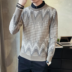 Threebooy Thick Warm Jacquard Fake Two-piece Sweater Men Long Sleeve Slim Casual Shirt Collar Knitted Pullover Fashion Knitwear Tops