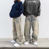 Threebooy Autumn Korean Retro Men'S Jeans With Bat Pattern Embroidery Loose Jeans Street Fashion Casual Straight Leg Pants