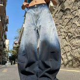 Threebooy American retro gradient high street splashed ink personality loose curved knife hip-hop jeans men and women trendy casual pants