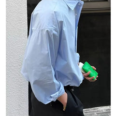 Threebooy Spring New Korean Light Blue Shirt Men Oversized Solid Color Lapel Button Pocket Loose Business Casual Long Sleeve Mens Shirts