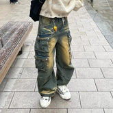 Threebooy Y2k Hip Hop Retro Streetwear Mens Jeans Distressed Faded Washed Oversized Pockets Loose Cargo Pants High Street Wide Leg Pants