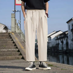 Threebooy Summer Men's Chinese Style High Street Casual Pants Elastic Waist Loose Sweatpants Black/Grey/Khaki Color Trousers M-5XL