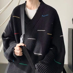 Threebooy Korean lazy style striped V-neck sweater for men and women in autumn and winter trendy loose casual couple Harajuku casual top