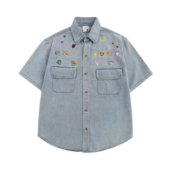 Threebooy Japanese Retro Denim Shirts for Men Short Sleeve Button Down Shirt Jacket Oversize Summer Men's and Women's Embroidery Top