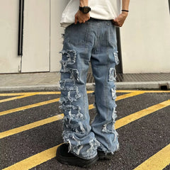 Threebooy Individualized patch jeans men American high street hip-hop fried street beggar pants blue loose small crowd mopping