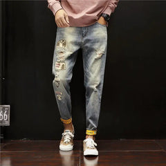 Threebooy With Print Tapered Men's Jeans Broken Ripped Retro Korean Fashion Man Cowboy Pants Graphic Torn Slim Fit Boot Cut Holes Trousers