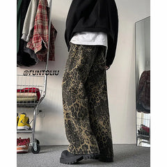 Threebooy Trendy Leopard Print Jeans Man pants fasnion unisex American High Street Trousers Harajuku Style Baggy High Waist Casual Pants