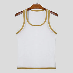Threebooy New Men Mesh Tank Tops Summer 2025 Clubwear Casual Vest U Neck Sleeveless Contrast Color Fishnet T-shirt Comfortable Chic Tees