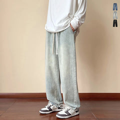 Threebooy Men's Wide Leg Jeans Straight Elastic Waist Baggy Casual Korean Fashion Retro Oversize Male Drawstring Design Pants