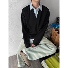 Threebooy Autumn American retro loose fitting fake two-piece long sleeved sweatshirt men's casual patchwork striped top