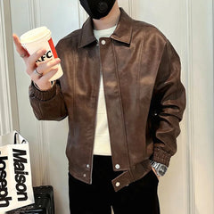 Threebooy Y2k Mens Leather Jacket Zipper Pocket Solid Color Leather Jacket Autumn Casual Slim Fit Thick Top Men's Clothing Unisex