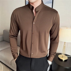 Threebooy New Chinese Style Standing Collar Long Sleeved Shirt with High-end Feel High Elasticity and No Trace Standing Collar Shirt