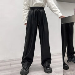Threebooy Casual Drawstring PU Leather Long Pants Men Trousers Spring Fall Loose Y2k Elastic Waist Straight Wide Leg Faux Leather Pants