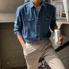 Threebooy Summer Washing and Old Denim Shirt Men's Spring Korean Style Loose High-end Long-sleeved Work Shirt