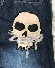 Threebooy Retro Y2k Pants Hip Hop Goth Oversized Skull Pattern Baggy Jeans Wide Legs Low Waist Sports Skateboard Denim Trousers Streetwear