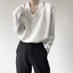 Threebooy Autumn Fashion Personality Fake Two-Piece Double-Layer Collar Niche Long-Sleeved T-Shirt Men'S Korean Version Inner Design Top