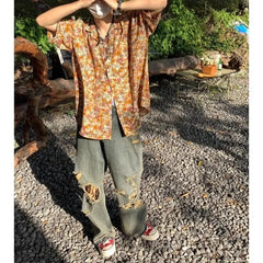Threebooy Retro Floral Boyfriend Summer New Patchwork Shirt Collar Button Comfortable and Loose All Match Casual Short Sleeved Shirts