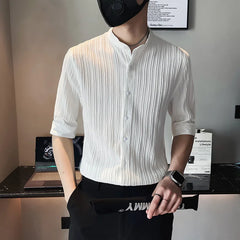 Threebooy Men's Business Stand Collar Half Sleeve Casual Shirts/Male Slim Fit High-Grade Stripe Shirts/ Club Wear Formal Clothing Top