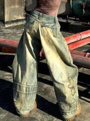 Threebooy American Heavy Industry Large Production Jeans Large Size Washed Distressed Machete Straight Pant Harajuku Street Loose Overalls