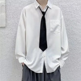 Threebooy White Solid Shirts With Tie Men's Oversize Long Sleeve Casual Cardigan Fashion Spring Autumn Blouses Unisex Daily All-match Tops