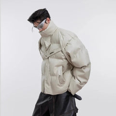 Threebooy Y2K 90s Streetwear Winter Short PU Leather Thick Cotton Jacket Men with Metal Straps Warmth
