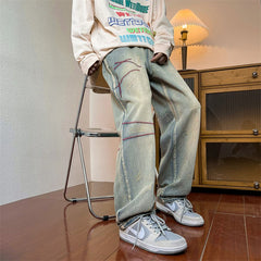 Threebooy Autumn New Style American Retro Straight Jeans for Men Embroidery Design Wide Leg Pants Korean Style Trendy Casual Trousers