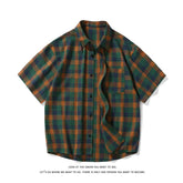 Threebooy Summer Short Sleeved Shirt Men Retro Plaid Shirt Men Japanese Streetwear Loose Casual Shirt Mens Vintage Shirts Plus Size 5XL