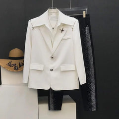 Threebooy Japanese Niche Design Suit Jacket Loose High-end Metal Buckle Trendy Shoulder Pad Long Sleeved Zipper Decoration Suit