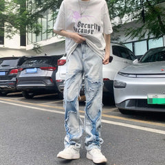Threebooy Grunge Clothes Y2K Streetwear Hole Ripped Stacked Jeans Pants For Men Washed Blue Hip Hop Denim Trousers Ropa Hombre