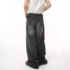 Threebooy Street Fashion American Retro Black Gray Denim Pants Trendy Denim Zipper Wide Leg Loose Straight Leg Pants