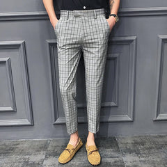 Threebooy New Slim Thin Section Lattice Small Feet Nine-point Suit Pants Men's Summer Youth Korean Fashion Business Casual Trousers