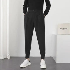 Threebooy Men Casual Pants Elastic Waist Small Feet Korean Fashion Slim Pleated Tapered Male Blazer Pants Trousers Streetwear