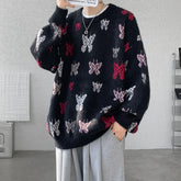 Threebooy Autumn Winter Butterfly Jacquard Pattern Sweater New Popular Casual Round Neck Contrast Color Knitted Men's Knitwear Pullover