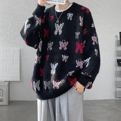 Threebooy Autumn Winter Butterfly Jacquard Pattern Sweater New Popular Casual Round Neck Contrast Color Knitted Men's Knitwear Pullover