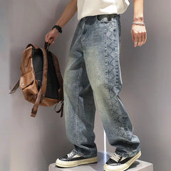 Threebooy Korean Version Autumn Men'S Jeans Totem Wrinkled Straight Leg Pants Retro Blue Pants Casual Mens Baggy Jeans