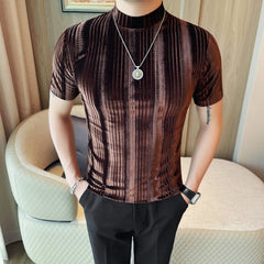 Threebooy Spring/Summer Velvet Gradient T-shirt Men Short Sleeved High Neck Casual T-shirt Sim Fit Elastic Streetwear T Shirt Men Clothing
