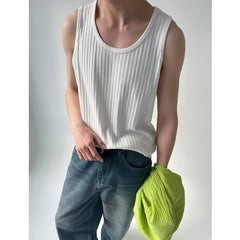 Threebooy Summer Men's Solid Stripe Loose Tank Top Korean Fashion Sleeveless T-shirts For Men Vest